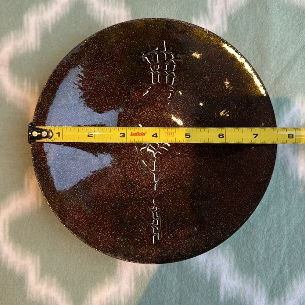 Vintage metal enamel shallow plate 7.5” - brown with cream accents